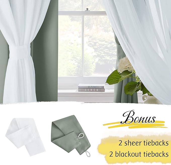NICETOWN Blackout Curtains 84 inches Long for Bedroom Decor, Sage Green Farmhouse Country Double Layer Curtains with White Crushed Sheer Overlay for Nursery/Loft, 52" Wide x 84" Long, Set of 2