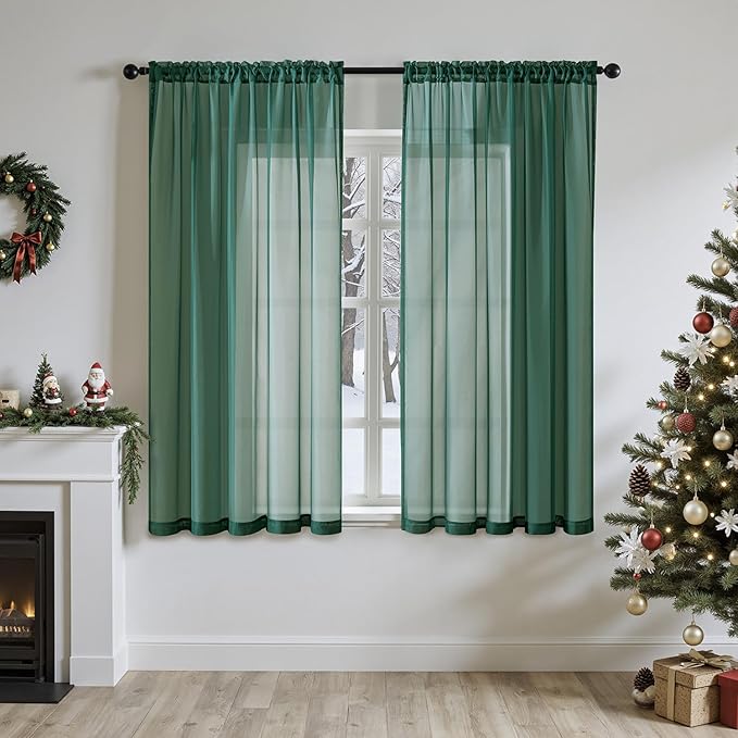MIULEE 2 Panels Christmas Solid Color Sheer Window Curtains Elegant Window Voile Panels/Drapes/Treatment for Bedroom Living Room (54X63 Inches Hunter Green)