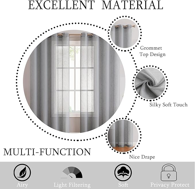 Randall Grey Linen Sheer Curtain Panel Pairs with Grommets/Eyelets Rustic Window Drape Treament Decoration for Living Room Bedroom Farmhouse, 54x63 Inch, 2 Panels