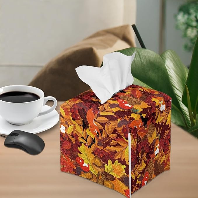 Maple Leaves Tissue Box Cover Square Pu Leather Tissue Box Holder for Napkin Facial Paper Organizer with Buttons Thanksgiving Squirrel Modern Home Decorative for Bedroom/Bathroom