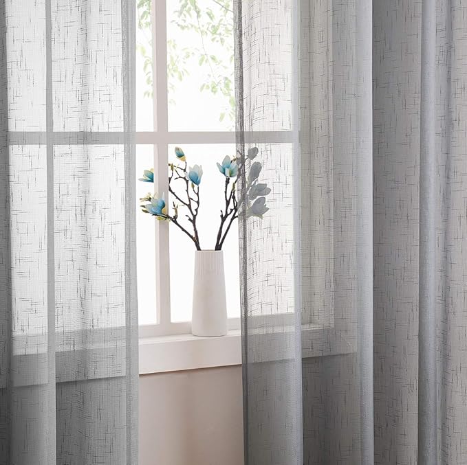 Randall Grey Linen Sheer Curtain Panel Pairs with Grommets/Eyelets Rustic Window Drape Treament Decoration for Living Room Bedroom Farmhouse, 54x63 Inch, 2 Panels