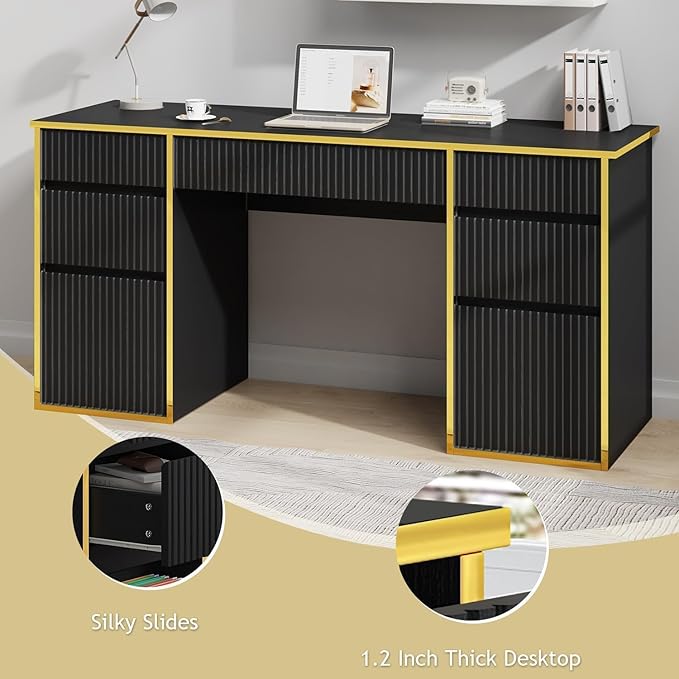 58 Inch Computer Desk with Drawers, Home Office Desk with File Drawers, Fluted Executive Desk with Storage for Study Writing, Living Room, Bedroom, Black and Gold