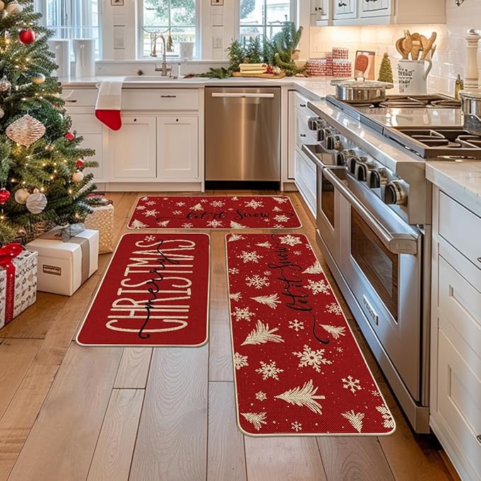 Artoid Mode Xmas Trees Snowflake Let It Snow Merry Christmas Kitchen Mats Set of 2, Winter Decor Low-Profile Kitchen Rugs - 17"x29"+17"x36"+17"x47"