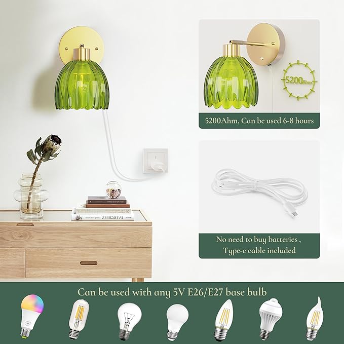 Vintage Battery Operated Wall Sconces Set of 2, 5200mAh Wireless Rechargeable Wall Lamps with Green Glass Tulip Lampshade, Cordless Wall Mounted Lights for Bedroom Vanity Living Room