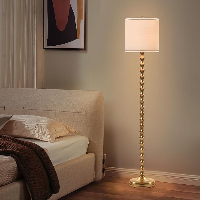 64.5" Gold Floor Lamp for Living Room, Gold Bamboo Floor Lamps for Bedroom, Tall Skinny Lamp for Home Decor, Mid Century Antique Floor Lamps with White Lampshade