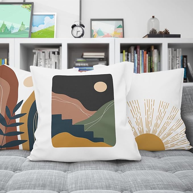 COMMINY Abstract Boho Pillow Covers 16x16 Set of 6 Decorative Sunset Leaves Throw Pillow Cover for Couch Minimalist Modern Pillow Case for Living Room Sofa Home Decor
