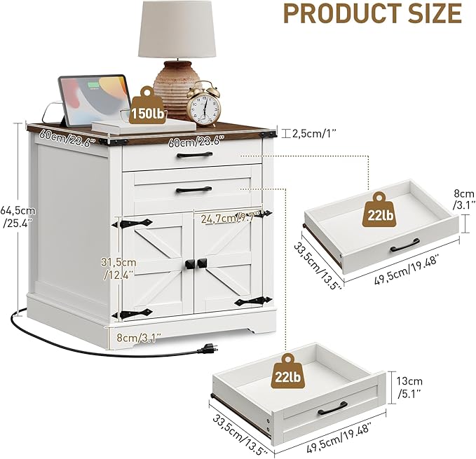 Farmhouse End Table with Charging Station, 24'' Sofa Side Table with 2 Drawers and Barn Door, Large Rustic Wooden Square Nightstand for Bedroom, Living Room, White and Walnut