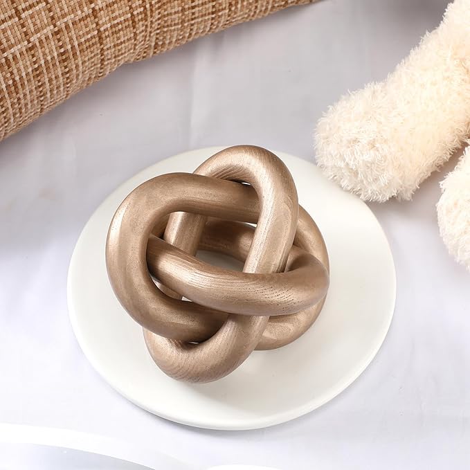 3 Link Wood Knot Decor - Hand Carved Coffee Table Decoration, Boho Chain Link Decor, Modern Shelf, Rustic Objects for Home Living Room Bedroom(Champagne)