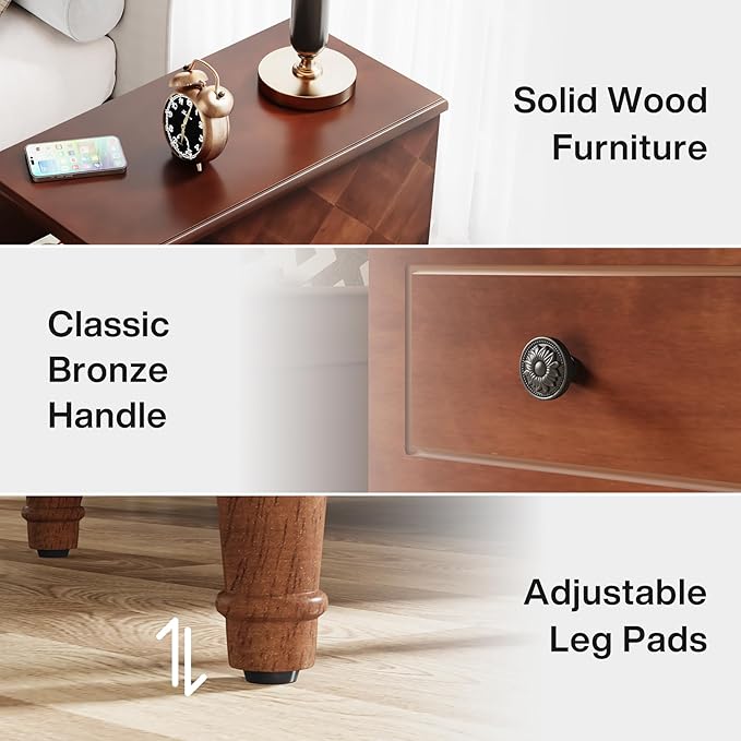 Tribesigns Solid Wood End Table, Fully Assembled Narrow Side Table with Drawers, Pre-Assembled Nightstand Slim Bedside Table for Small Spaces, Living Room, Bedroom, Brown