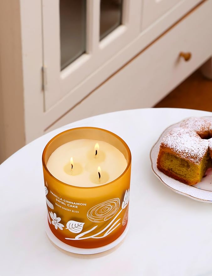 Vanilla Cinnamon Swirl Cake 3-Wick Soy Candle | Highly Scented Bakery Candle | 14.5 oz, Clean-Burn | Cozy Fall Aromatherapy Stress Relief Candles for Home | Gift for Women & Men