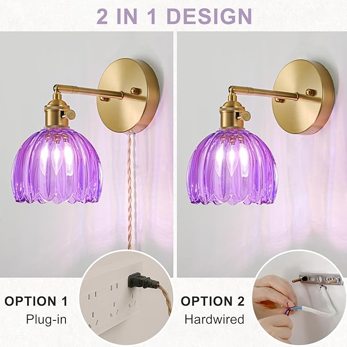 Plug in Wall Sconce, Vintage Sconce Light with Tulip Purple Glass Lampshade, 180° Adjustable Wall Sconce with Switch and Plug in Wall Lamp Cord, Gold Wall Light for Bedroom Bedside
