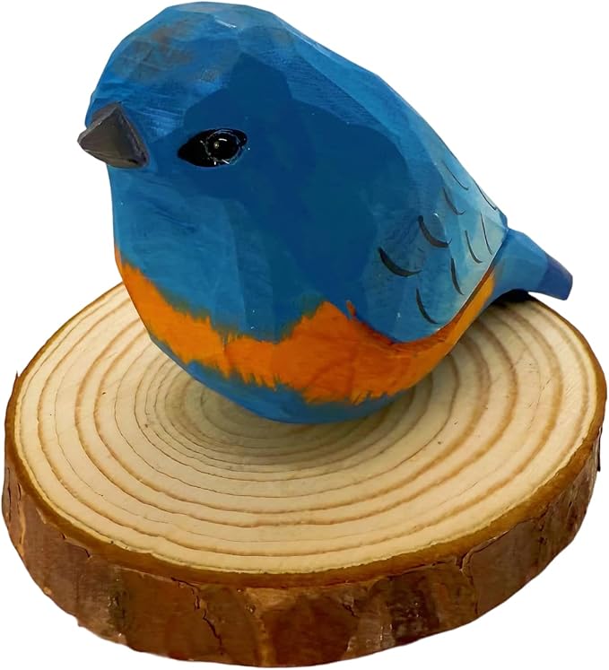 Wooden Bird Figurines Funny Desk Accessories Hand Carved Wood Decorative Small Birds Animal Miniature Statues Ornament for Home Room Decor (Blue)