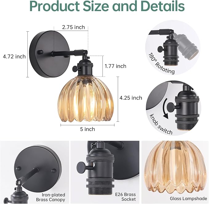 Vintage Wall Sconce with Cute Amber Tulip Glass Lampshade 180 Degree Adjustable Black Sconce Hradwired Modern Wall Lighting Fixture with Switch for Bedside Bedroom Doorway