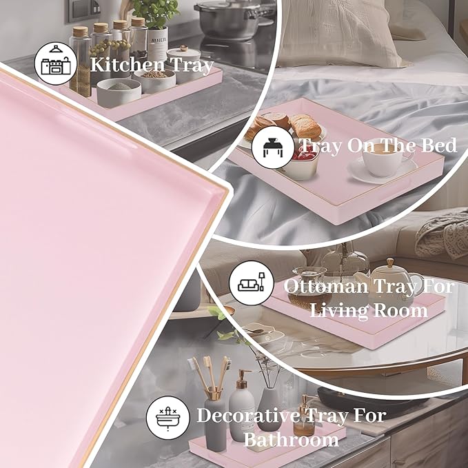 MAONAME Pink Serving Tray with Handles, Modern Decorative Tray for Coffee Table, Plastic Rectangular Tray for Ottoman, Bathroom, Decor, 15.8” x 10.2” x1.4