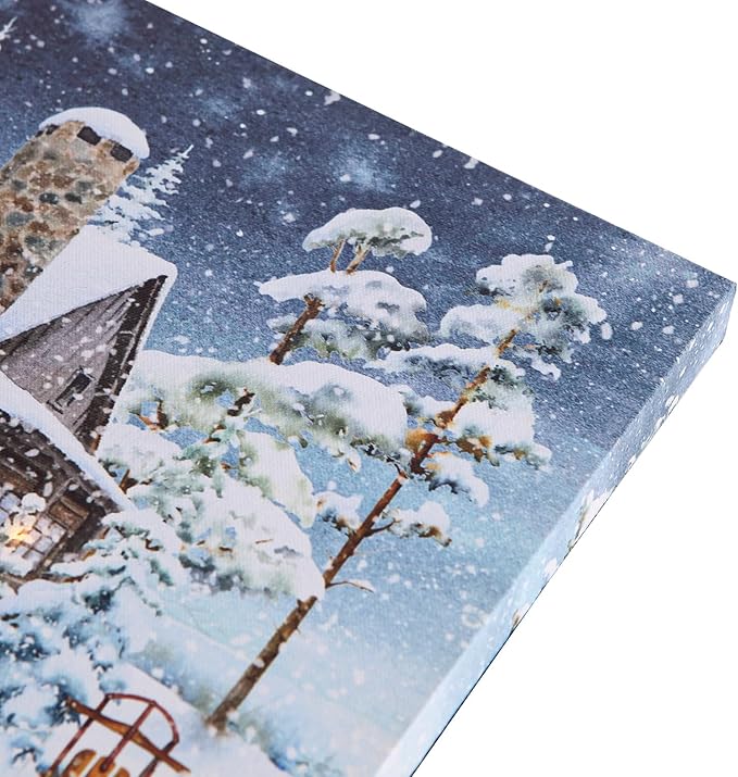 NIKKY HOME 16" x 12" Christmas LED Lighted Canvas Wall Art Prints Light Up Red Truck House and Snowman Picture Winter Snow Scene for Holiday Decor