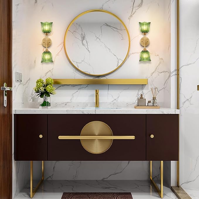 2-Lights Gold Wall Sconce with Green Glass Shades Modern Mid Century Bathroom Vanity Wall Light Fixtures Industrial Brushed Brass Wall Lamp for Bedroom Mirror Living Room