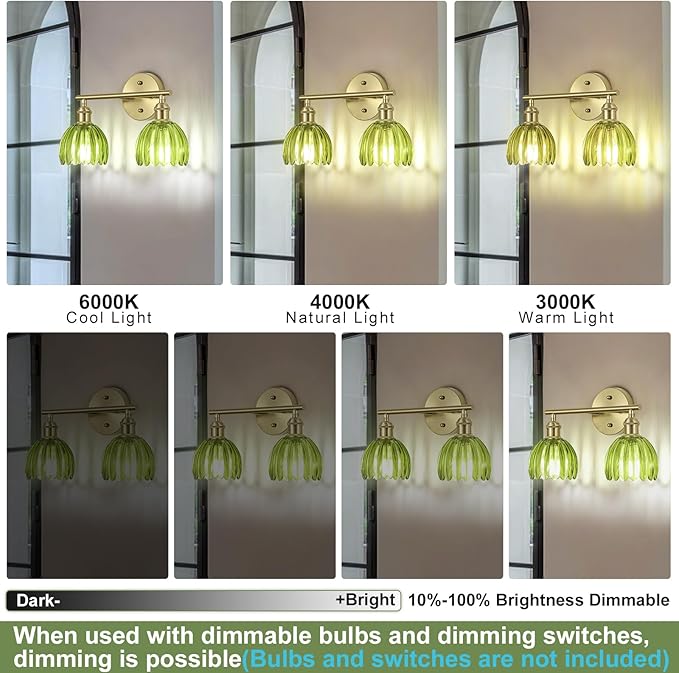 Vintage Bathroom Light Fixtures,2-Light Hardwired Vanity Lights Over Mirror,Gold Wall Sconces with Green Tulip Glass Shade for Bathroom Living Room,E26 Socket(Bulbs Not Included)