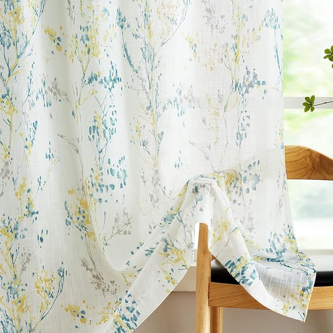 Tree Semi Sheer Curtains for Living Room Bedroom Teal Yellow and Grey Branch on White Window Curtains 63 inch Long Watercolor Print Curtain Panels Grommet Top 2pcs