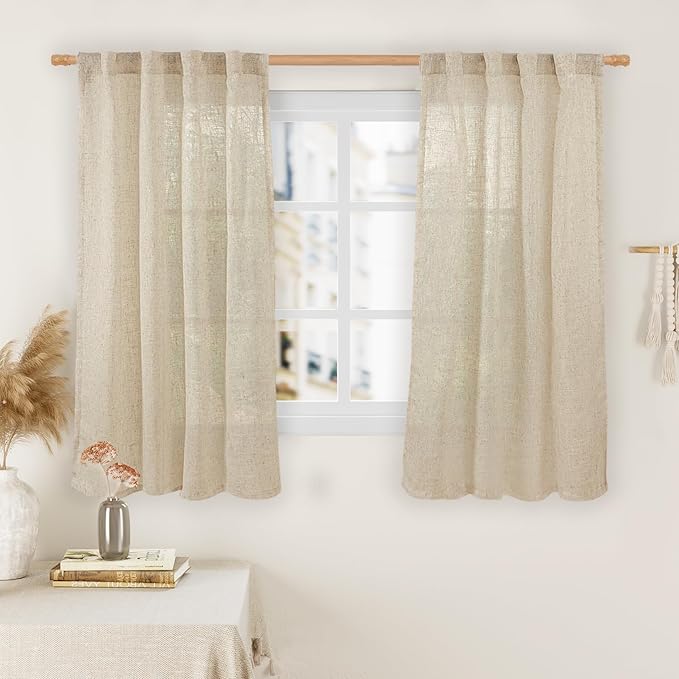 LAMIT Semi Sheer Window Linen Curtains 54 Inch Length, Light Filtering Panels Back Tab and Rod Pocket Neutral Drapes for Bedroom/Living Room, Linen, 2 Panels, 34 x 54 Inch