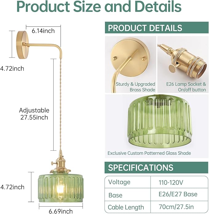 Vintage Wall Sconce Wall Lamp with Green Striped Shade Pattern Glass Adjustable Chain Retro Gold Wall Mounted Light, Modern Wall Lamp Fixtures Decor for Bedside Bedroom Indoor Doorway