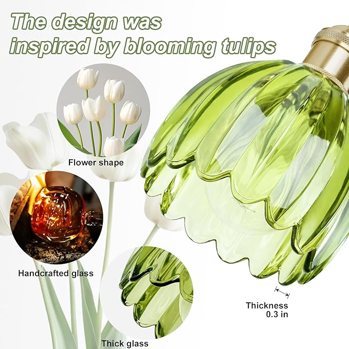 Vintage Wall Sconces Set of Two,Hardwired Wall Lights with Green Tulip Glass Lampshade,Gold Wall Lamps for Bedroom Bedside Stairway Bathroom Living Room(Bulbs Not Included)