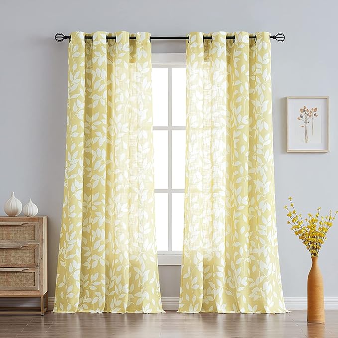 White and Yellow Leaf Curtains for Living Room 72" Length Print Semi-Sheer Curtains for Kitchen Windows, Mustard Yellow, Grommet Top, 2 Pack