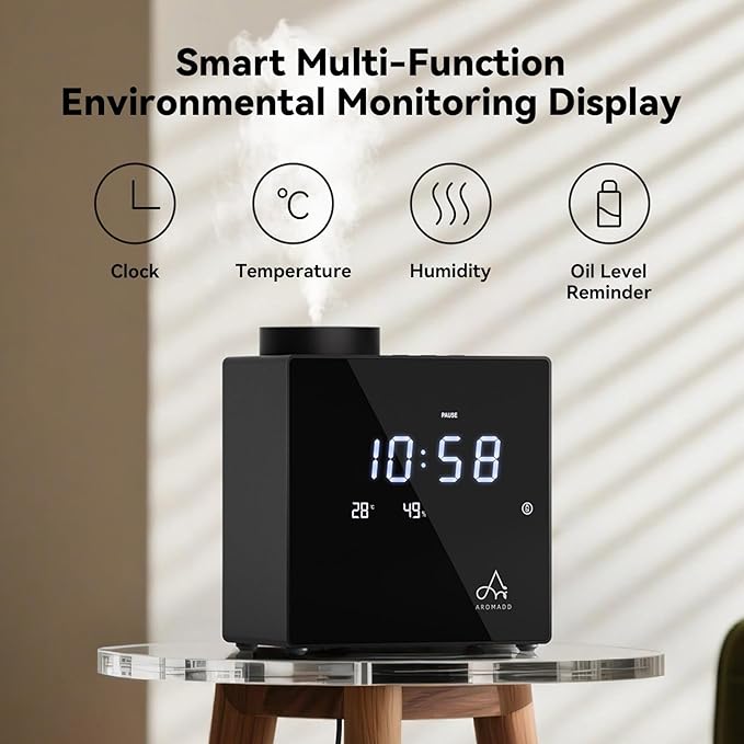 2026 Smart Waterless Diffuser, 2000 Sq.Ft Cold Air Scent Machine with Clock & Environmental Display | 7 Fragrance Levels, 9 Timer Settings, Hotel Collection Diffuser for Home & Large Rooms (Black)