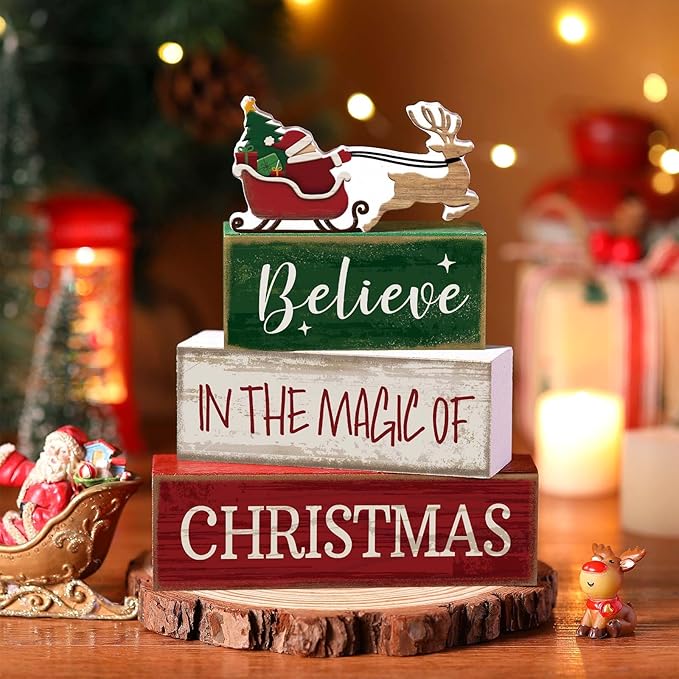 4 Pcs Christmas Table Decoration Wooden Santa Claus Decor Christmas Tiered Tray Decor Decorative Santa Claus Elk Block Sign Gift Farmhouse Xmas Table Centerpiece for Home Kitchen Shelf