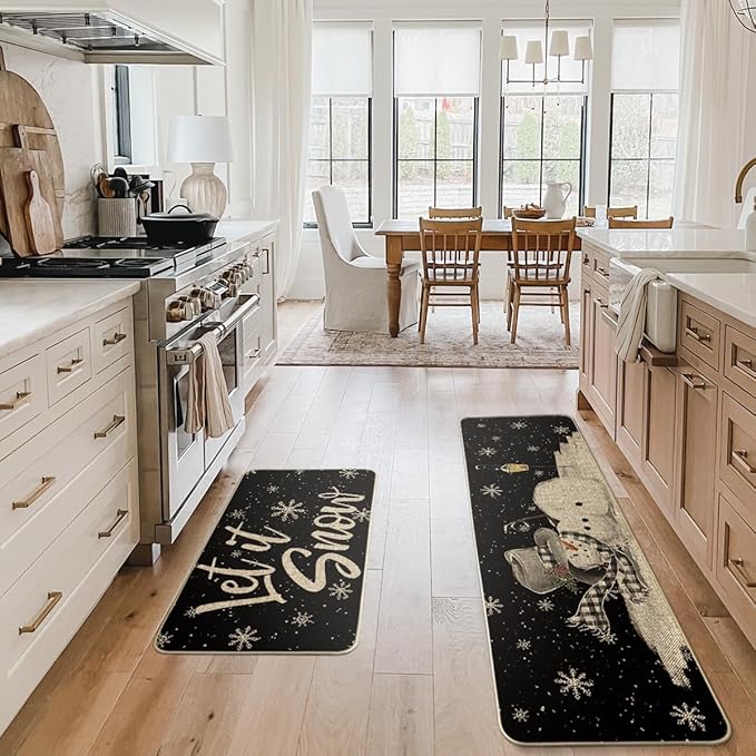 Artoid Mode Let It Snow Snowflake Snowman Light Christmas Decorative Kitchen Mats Set of 2, Home Party Low-Profile Kitchen Rugs - 17x29 and 17x59 Inch