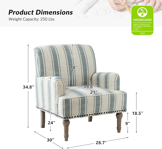 HULALA HOME Modern Armchairs Set of 2 with Wooden Legs & Nailhead Trim, Comfortable Upholstered Accent Chairs for Living Room Bedroom(Stripe Pattern, Blue)