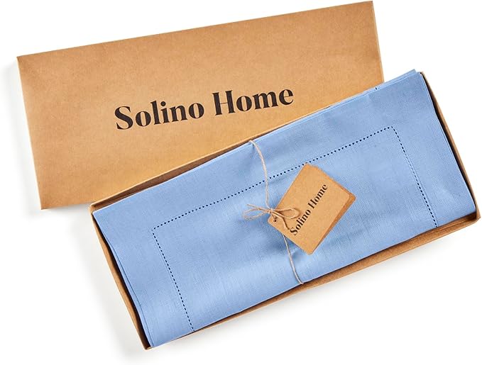 Solino Home Linen Cornflower Blue Table Runner 90 Inches Long - 100% Pure Linen Hemstitch 14 x 90 Inch Table Runner for Dining, Christmas, Holiday - Classic Hemstitch