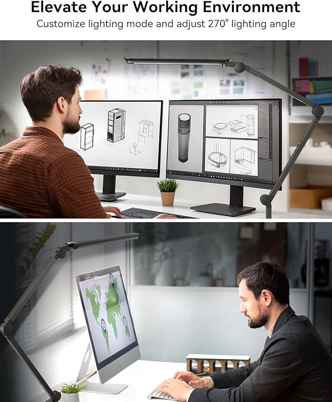 LED Desk Lamp with Clamp, Architect Desk Lamp with Remote, Flexible Swing Arm Desk Light with Dual LED Light, Stepless Dimming, 5 Color Mode & 4 Brightness for Sewing Painting Drafting Crafting