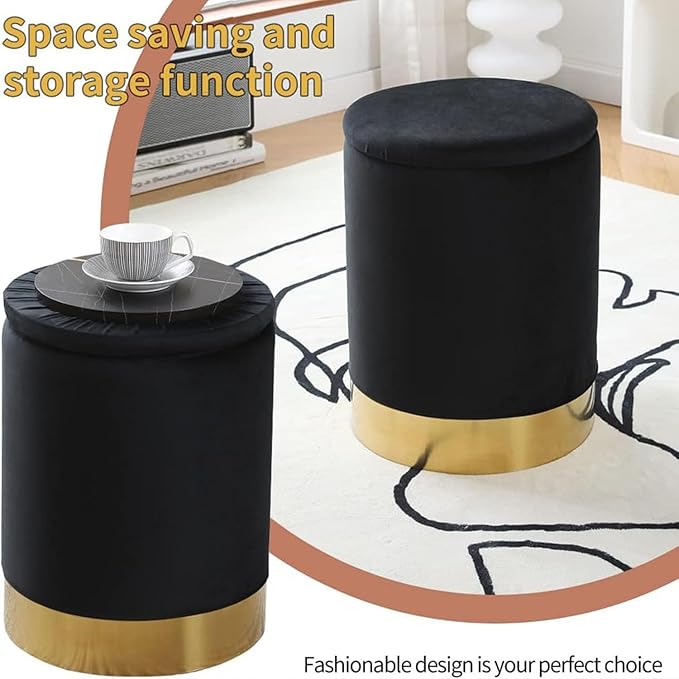 Mxfurhawa Velvet Storage Ottoman Multipurpose Footrest Stool with Metal Base Modern Round Vanity Stool Chair Ottoman Foot Stools Support 300 lbs Padded Seat for Living Room (Black (Velvet))