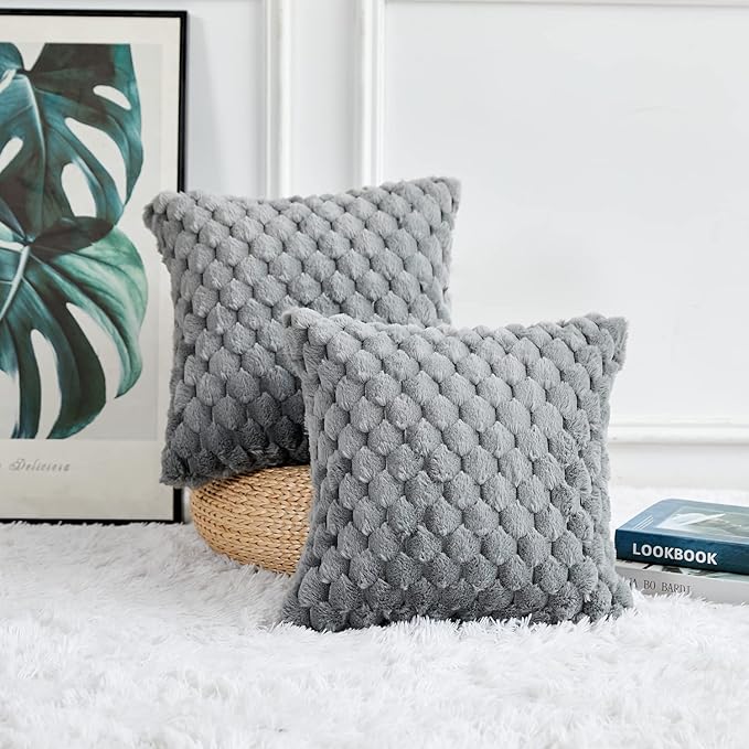 Yaertun Pack of 2 Super Soft Cozy Decorative Throw Pillow Covers Fuzzy Plush Faux Fur Luxury Cushion Cover Pillowcase for Sofa Couch Bed Livingroom 26x26 Inch Grey