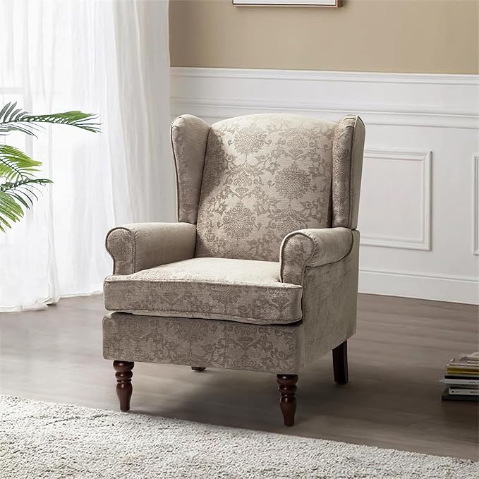 HULALA HOME Wingback Accent Chair with Retro Wood Legs, Traditional Fabric Armchair for Living Room Bedroom, Comfy Upholstered Single Sofa Chair Reading Chair with Unique Pattern Design, Brocade