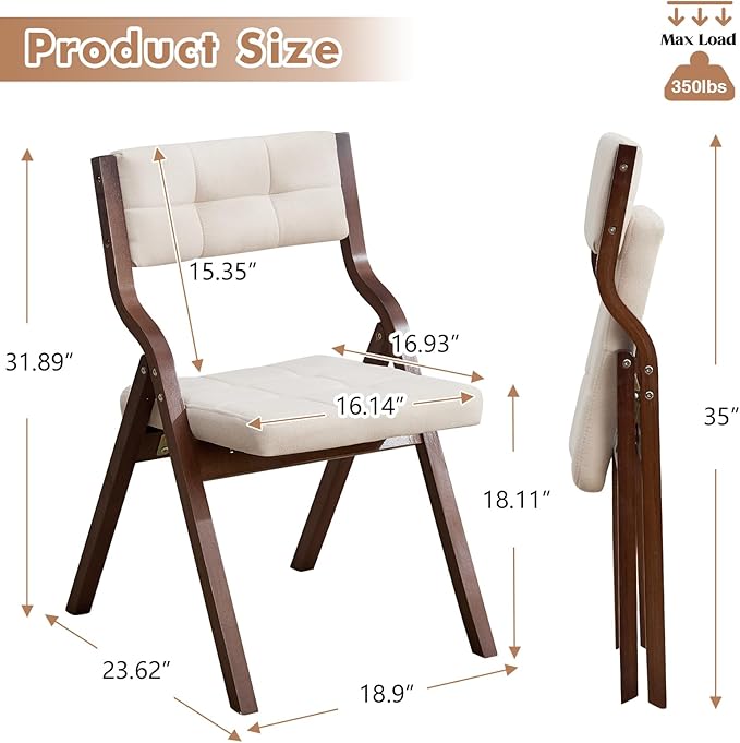 2-Pack Folding Dining Chairs with Cushion,Padded Foldable Dining Chairs,Portable Wooden Folding Chairs for Dining Rooms Kitchen Wedding and Party Indoor Walnut Beige