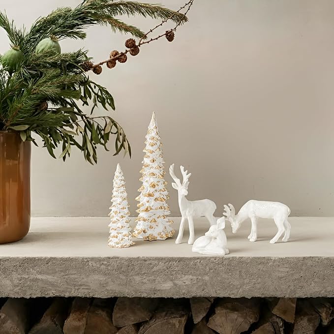 DN DECONATION Reindeer and Christmas Tree Decoration Set of 5 – Xmas Deer Figurines and Tree Statues – White & Gold Resin Christmas Figurines for Table Decor, Mantle Decor, Holiday Decorations Indoor