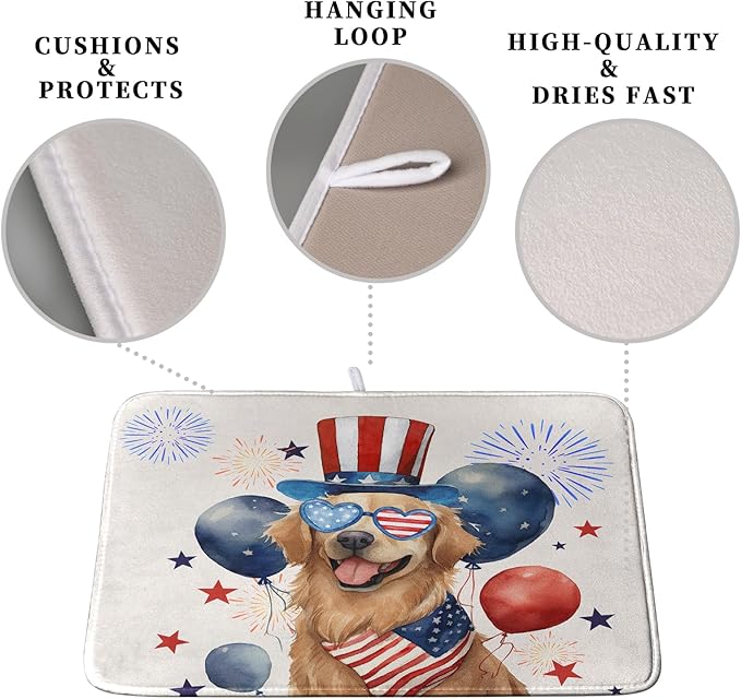 4th of July Patriotic Dog Dish Drying Mat 16 x 18 Inch US Independence Day Blue White Red Kitchen Drying Mat Firework Holiday Dish Drainer Mats Super Absorbent Dish Rack Pad for Kitchen Counter