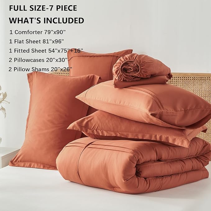 Yogeneg Full Size Comforter Set 7 Piece Bed in a Bag,Grid Pinch Pleat Terracotta Bedding Set,Striped Textured Soft Microfiber Comforter with Sheet Set,All Season Complete Bed Set(Terracotta,Full)