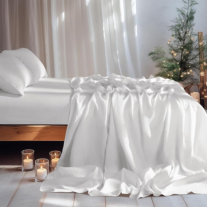 LBRO2M 100% Linen Sheet Set 19" Deep Pocket California King Size,Bed Sheets 4 Piece Sets,Solid Color Natural Flax Bed Sheets Soft Breathable Bedding,All Season (Clifornia King, White)