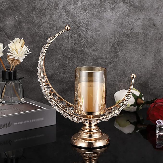 OwnMy Set of 2 Gold Moon Shaped Crystal Pillar Candle Holders Tealight Holders with Glass Covers, Metal Crystal Moon Pillar Candle Stands Votive Candlesticks Candle Lamps for Table Centerpieces