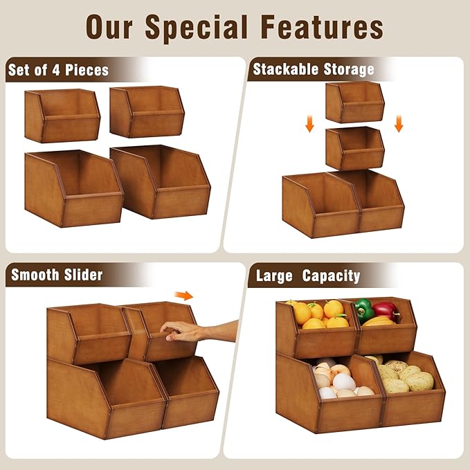 2 Set Bamboo Pantry Storage Bins Wood Stackable Baskets Potato and Onion Storage Bins Fruits Vegetable Bread Organization for Kitchen Counter