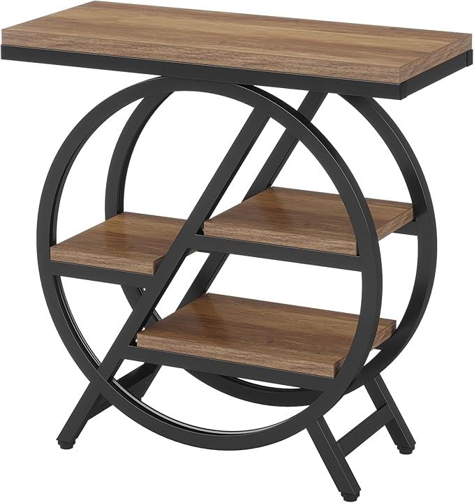 Tribesigns End Table Set of 2, 3-Tier Narrow Sofa Side Table with Storage for Living Room, Wood End Table with Geometric Metal Frame, Industrial Nightstand and Bedside Table for Bedroom, Light Brown