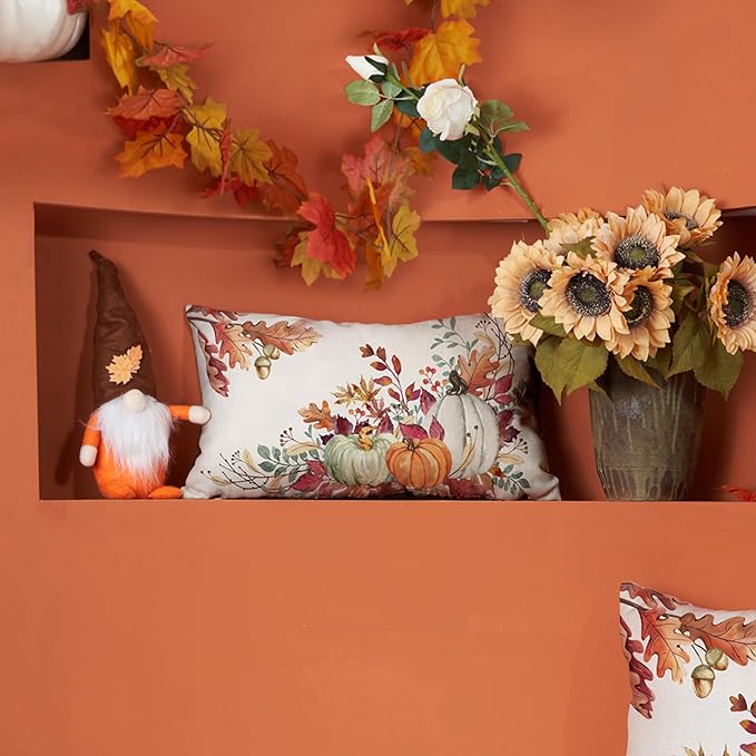DFXSZ Fall Pillow Covers 12x20 inch Set of 2 Orange White Pumpkin Fallen Leaves Decorative Outdoor Throw Pillow Covers Autumn Thanksgiving Farmhouse Decoration for Home Couch TH27-A12