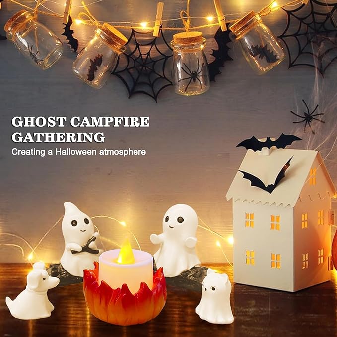 2025 Ghost Campfire Nightlight, Spooky Ghost Halloween Decorations Indoor, Cute Halloween Ghost Figurine, Funny Halloween Decor for Home Mantel Tabletop Party (with Cat and Dog)