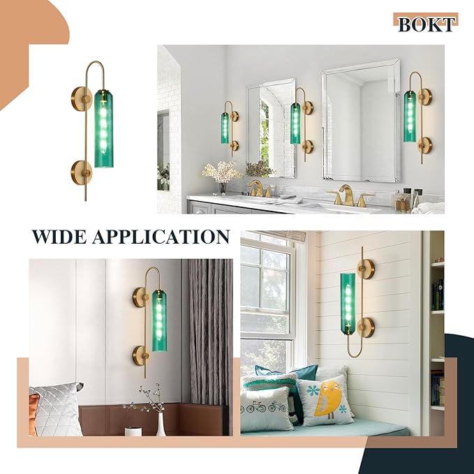 BOKT Modern Gold Wall Sconce Green Glass Hardwired Bedside Wall Light Fixtures Mid Century Long Metal Wall Sconce Single Hardwired Bathroom Bar Wall Lamp (Green)