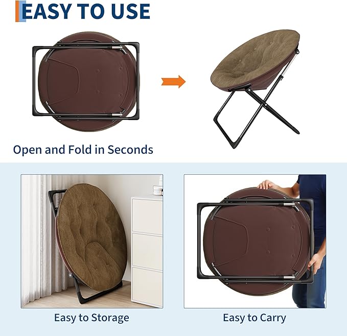 Folding Faux Fur Saucer Chair,Portable Folding Soft Moon Chair,Comfortable Lounge Chair with Metal Frame for Bedroom, Dorm Rooms, Apartments, Lounging, Garden and Courtyard, Brown
