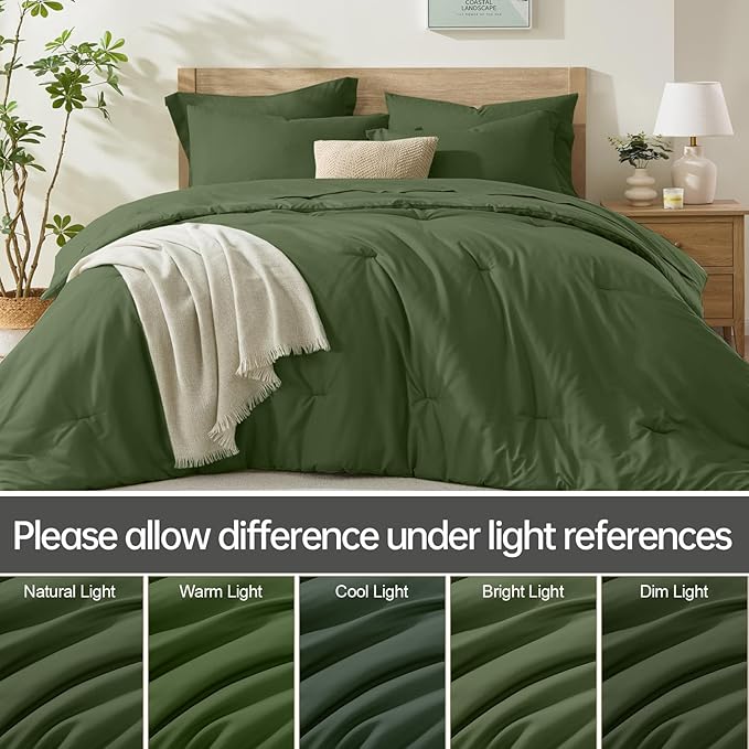 Homelike Moment King Size Comforter Set 7 Piece, Olive Green Bed in a Bag King Size Bed Set Lightweight and Machine Washable