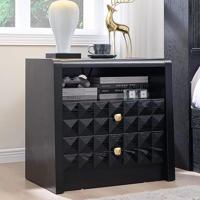 Modern Nightstand with Charging Station, Wood End Table w/2 Storage Drawers and Open Shelf, Mid Century Modern Bedside w/Diamond Panel Decorate for Bedroom, Curved Profile Design, Black
