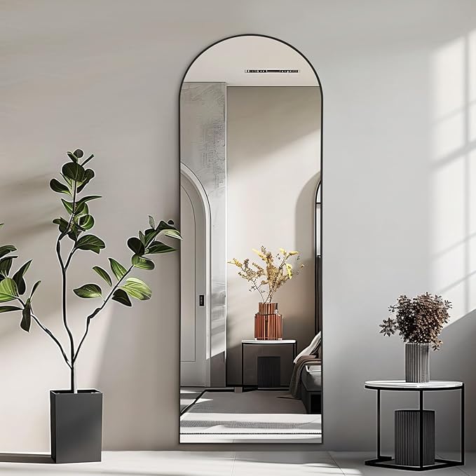 56"x18" Arched Full Length Mirror, Free Standing Mirror Full Length Made of Tempered Glass, Black Floor Mirror for Bedroom Living Room Gym Dorm